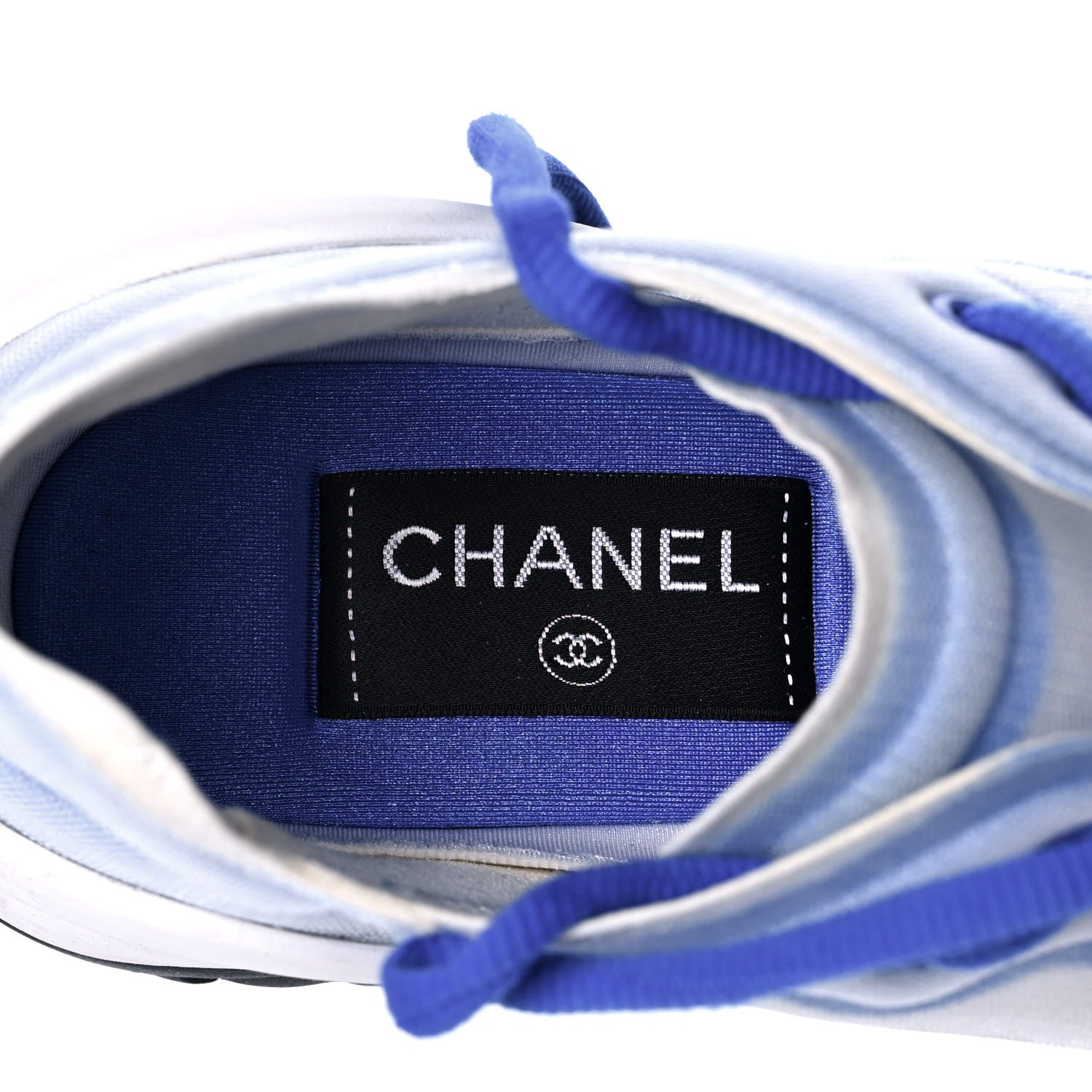 Chanel Calfskin Mesh Lyrca Womens Logo Sneakers 38 White Blue 6 of 7