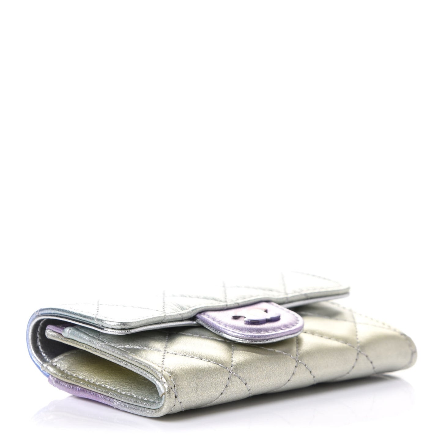 Gradient Metallic Calfskin Quilted Flap Card Holder Wallet Silver Blue Yellow Purple