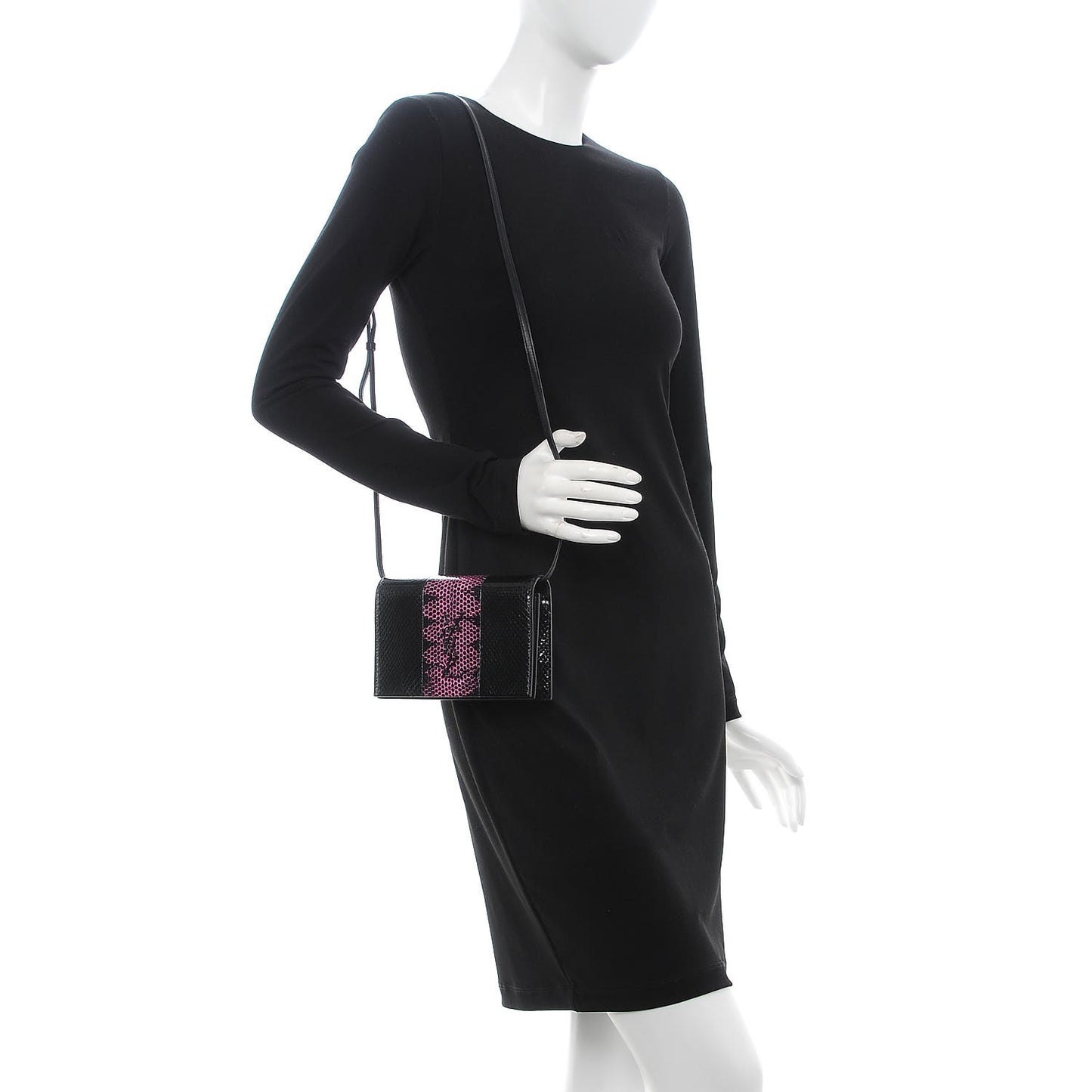 Snakeskin Two Tone Monogram Toy Kate Strap Wallet Black Fuchsia