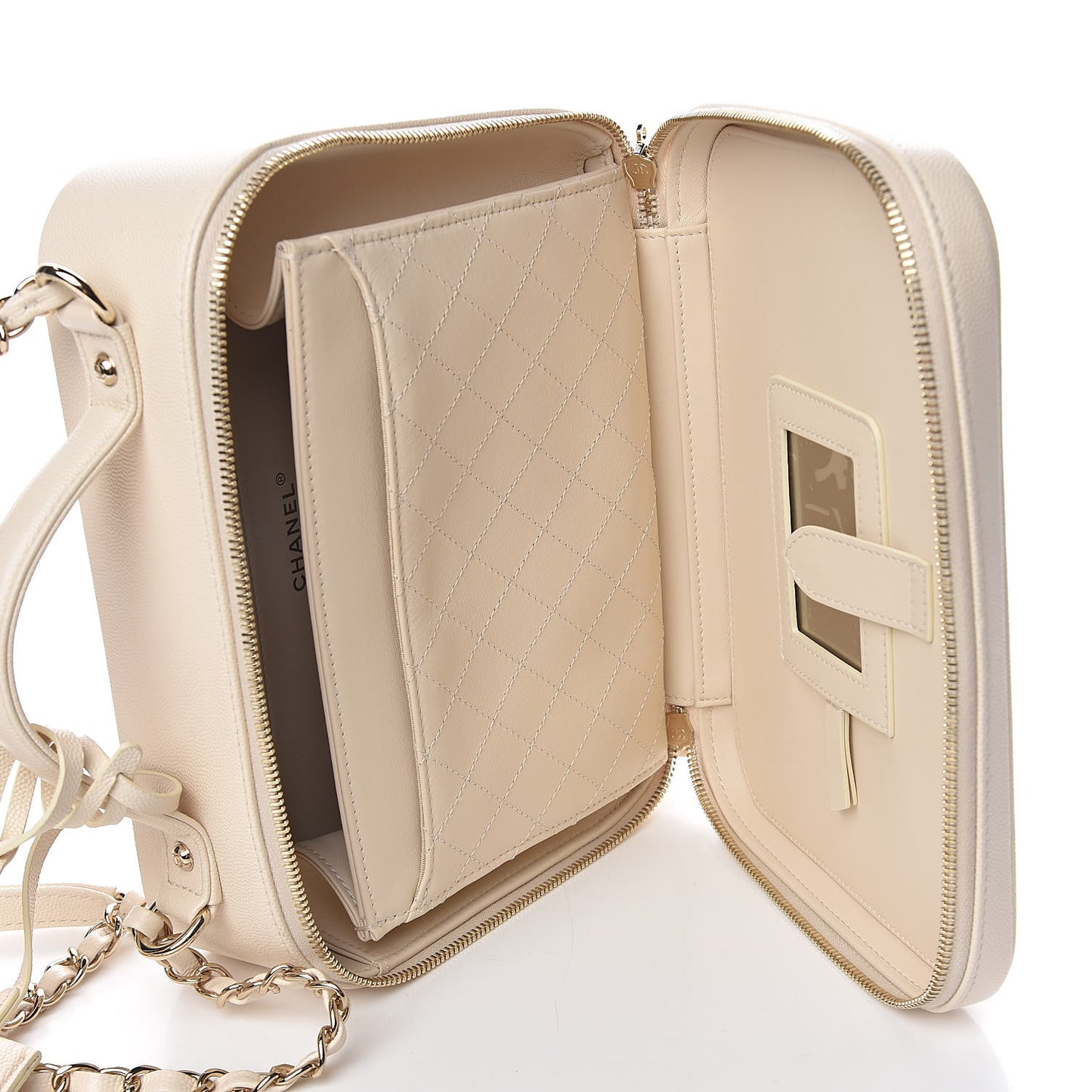 Caviar Quilted Large CC Filigree Vanity Case Light Beige