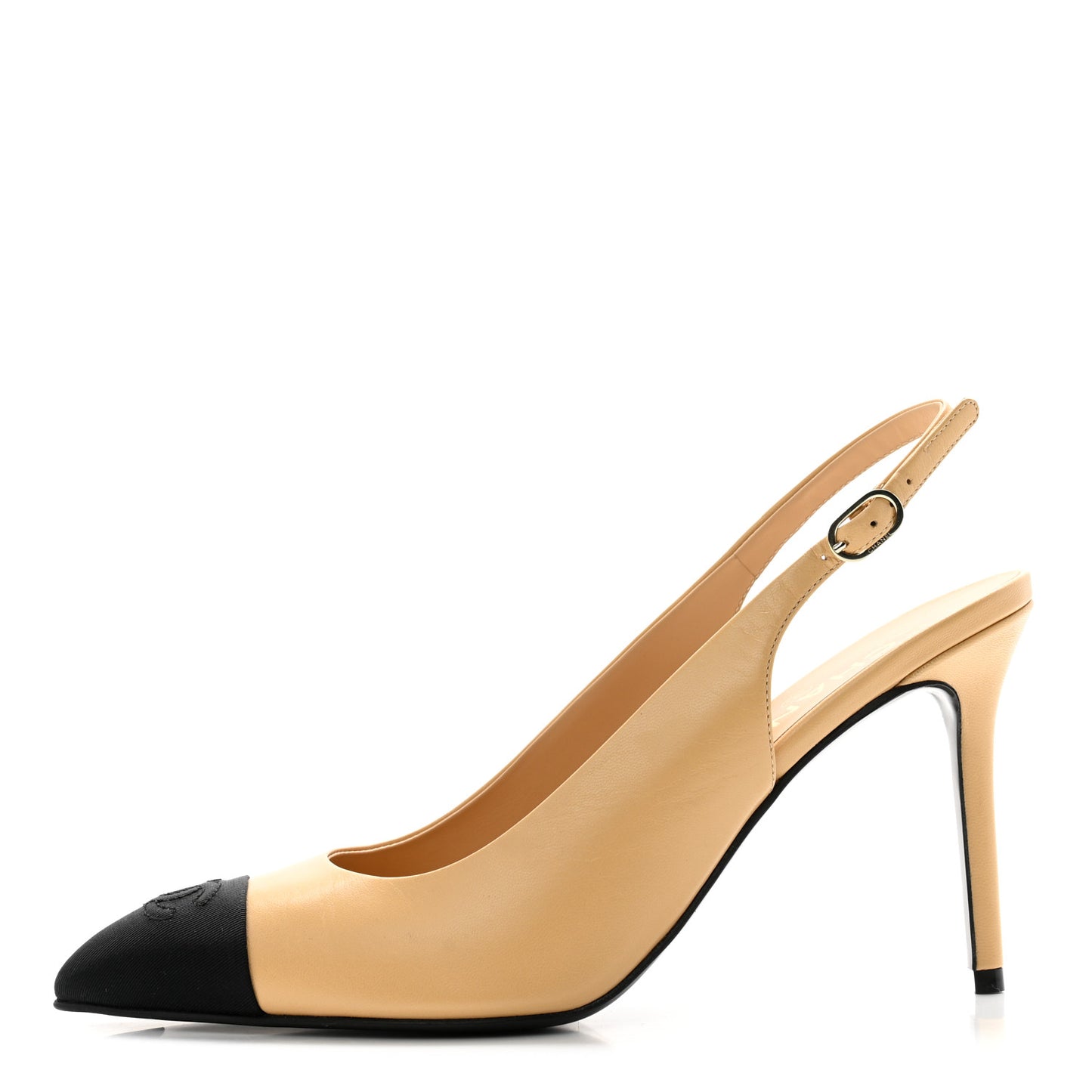 Goatskin Grosgrain Pointed Cap Toe CC Slingback Pumps 40 Beige Black