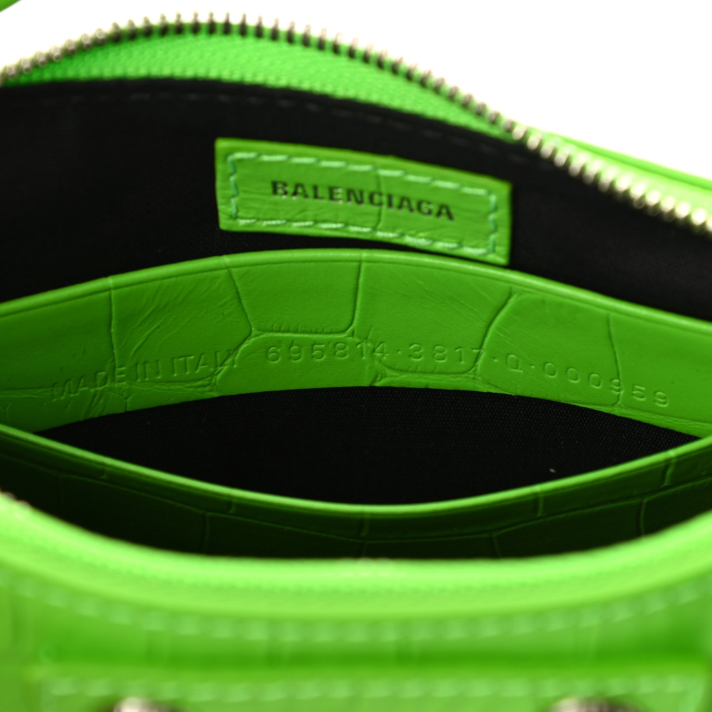 Extra Supple Calfskin Crocodile Embossed Le Cagole Mini Purse With Chain Acid Green