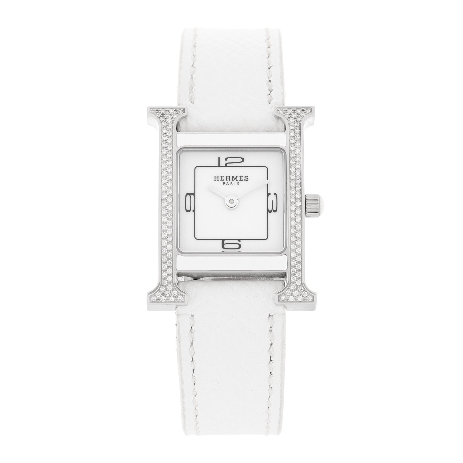 Hermes Stainless Steel Epsom Diamond Lacquer 21mm Heure H Hour Double Jeu Quartz Watch Blanc 1 of 5