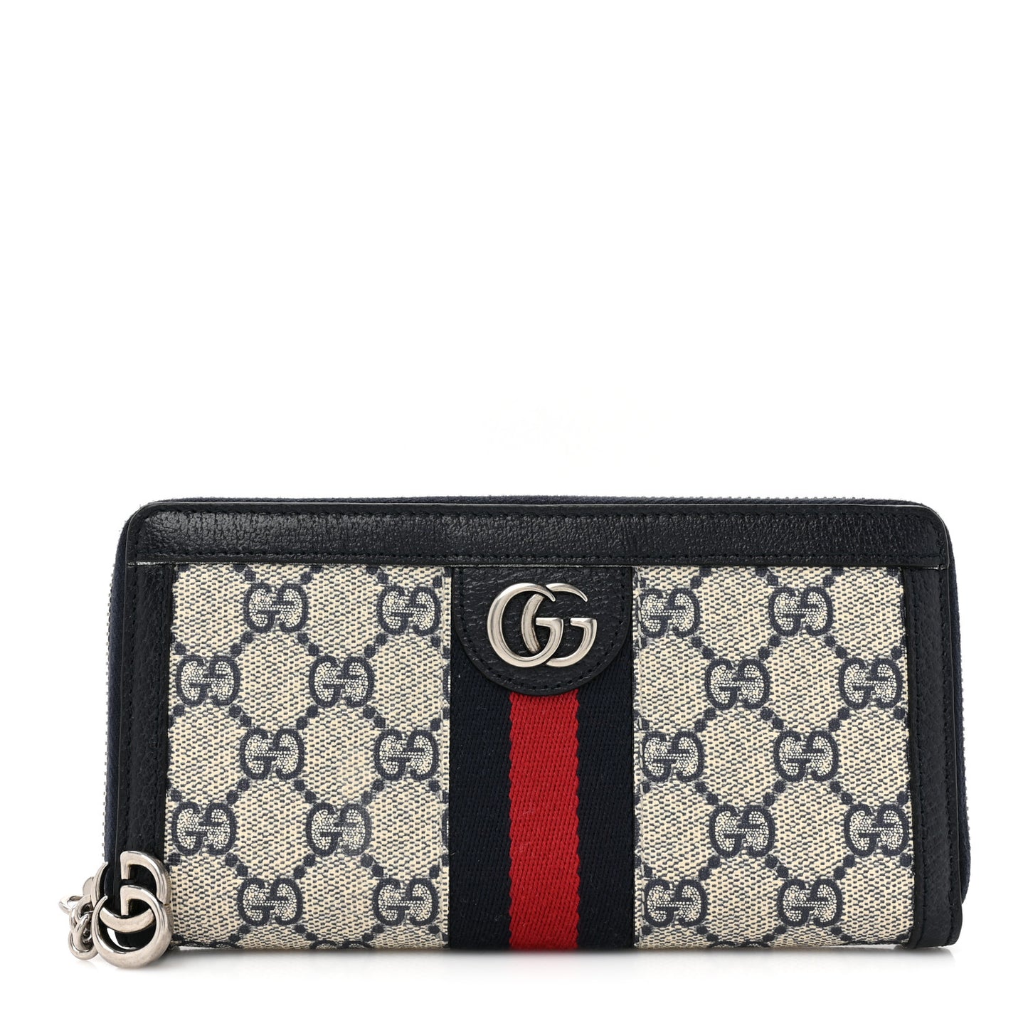GG Supreme Monogram Textured Dollar Calfskin Web Ophidia Zip Around Wallet Beige Blue