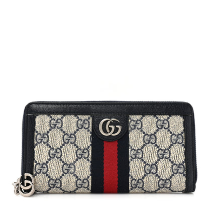 Gucci GG Supreme Monogram Textured Dollar Calfskin Web Ophidia Zip Around Wallet Beige Blue 1 of 13