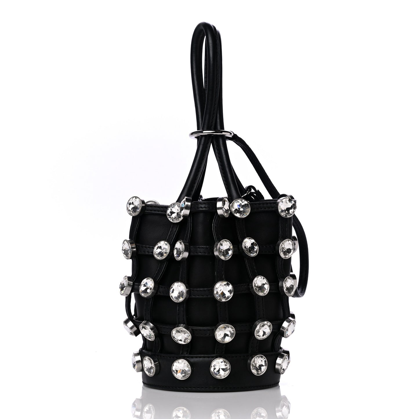 Calfskin Crystal Embellished Roxy Mini Bucket Bag Black
