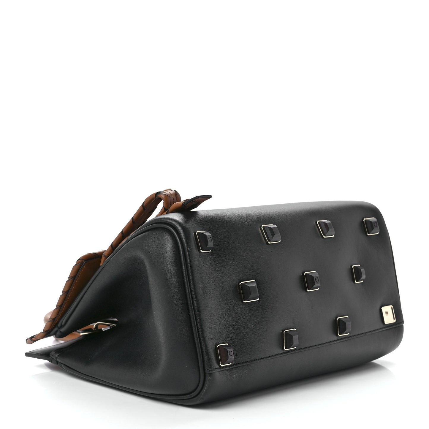 Calfskin Woven Small Studio Top Handle Bag Tan Black