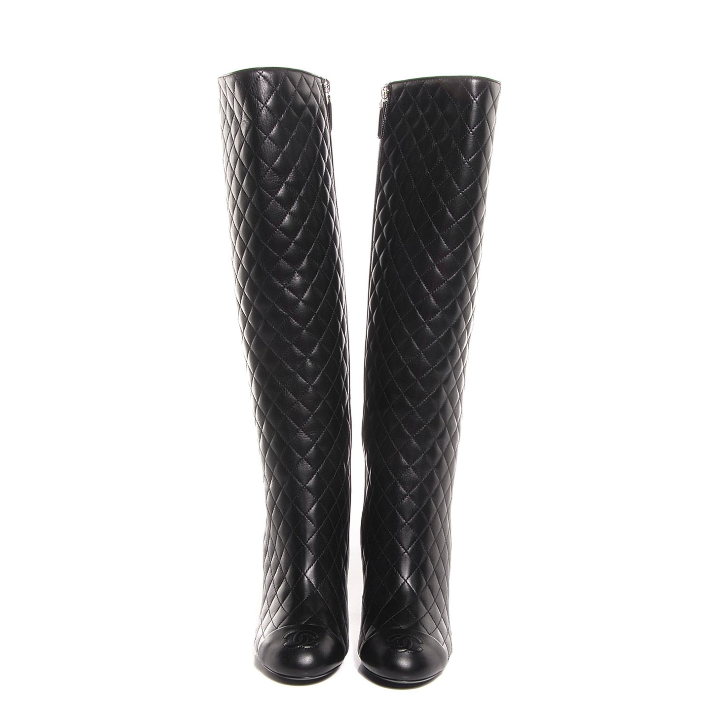 Leather Quilted CC Cap Toe Knee High Boots 38.5 Black