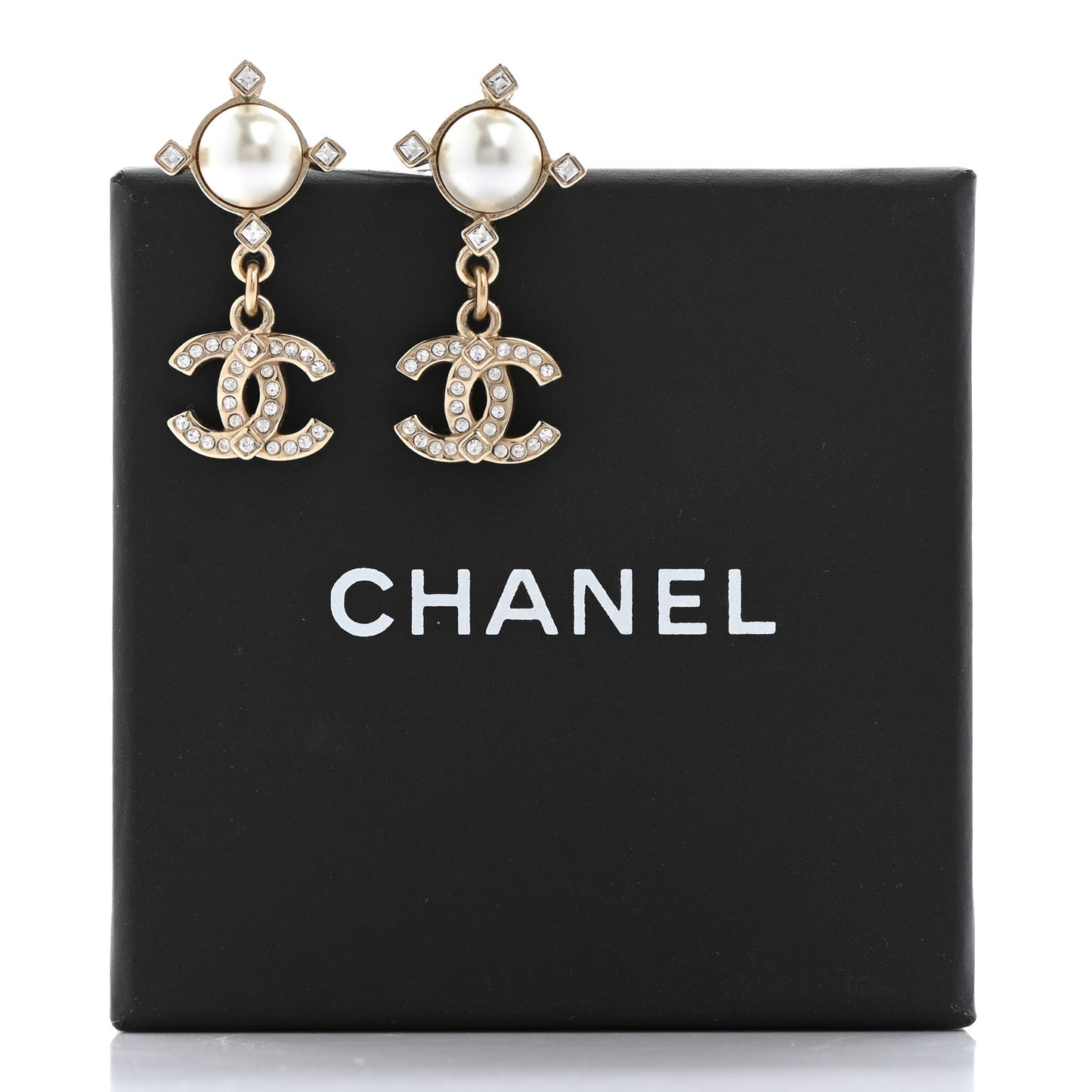 Crystal Pearl CC Drop Earrings Gold