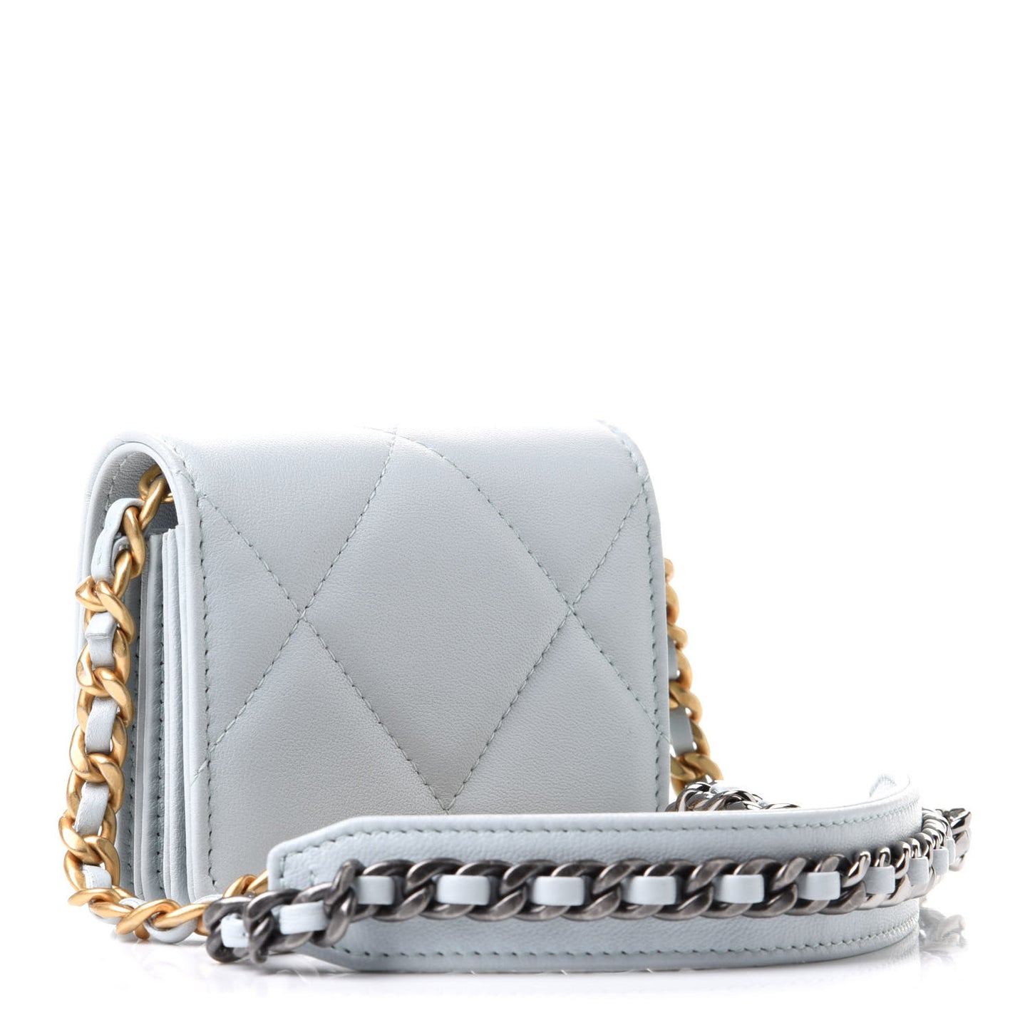 Lambskin Quilted Chanel 19 Flap Coin Purse With Chain Light Blue