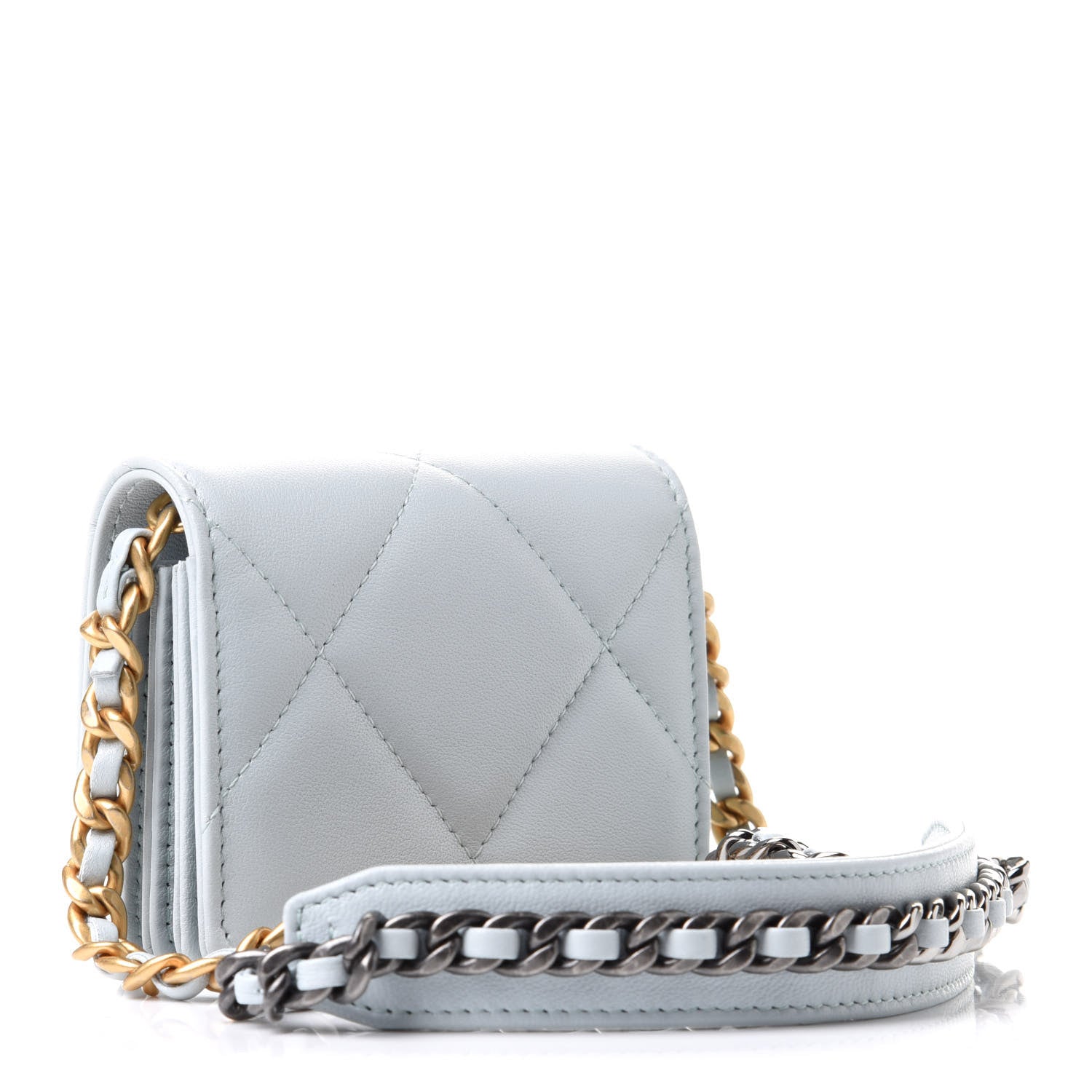 Chanel Lambskin Quilted Chanel 19 Flap Coin Purse With Chain Light Blue 2 of 9