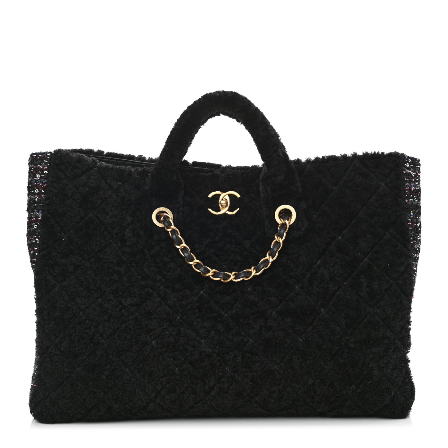 Shearling Sequin Tweed Shopper Tote Black