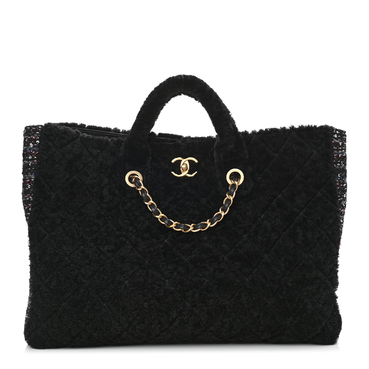 Chanel Shearling Sequin Tweed Shopper Tote Black 1 of 10