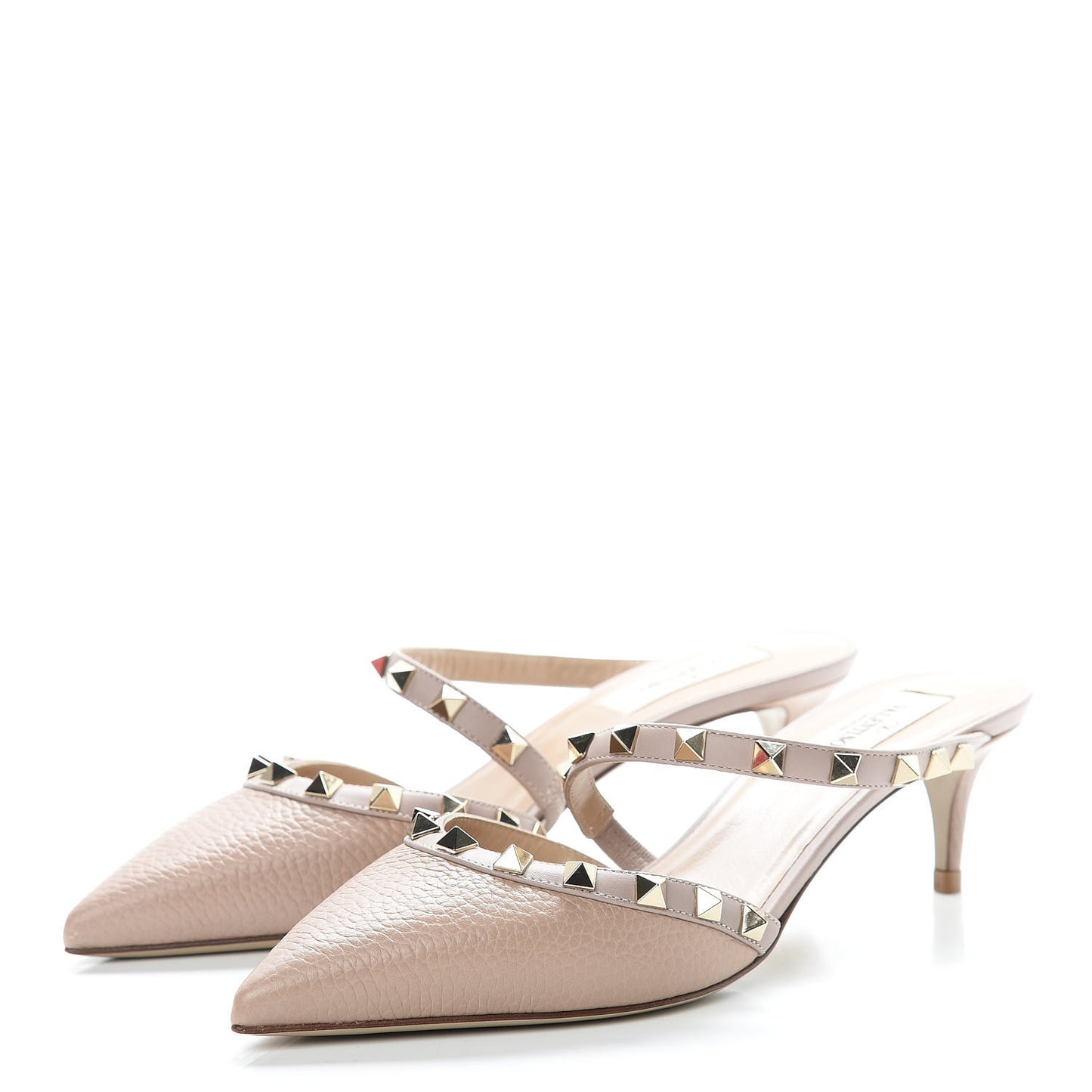 Pebbled Calfskin Rockstud Cross Strap 50mm Mules 37.5 Poudre