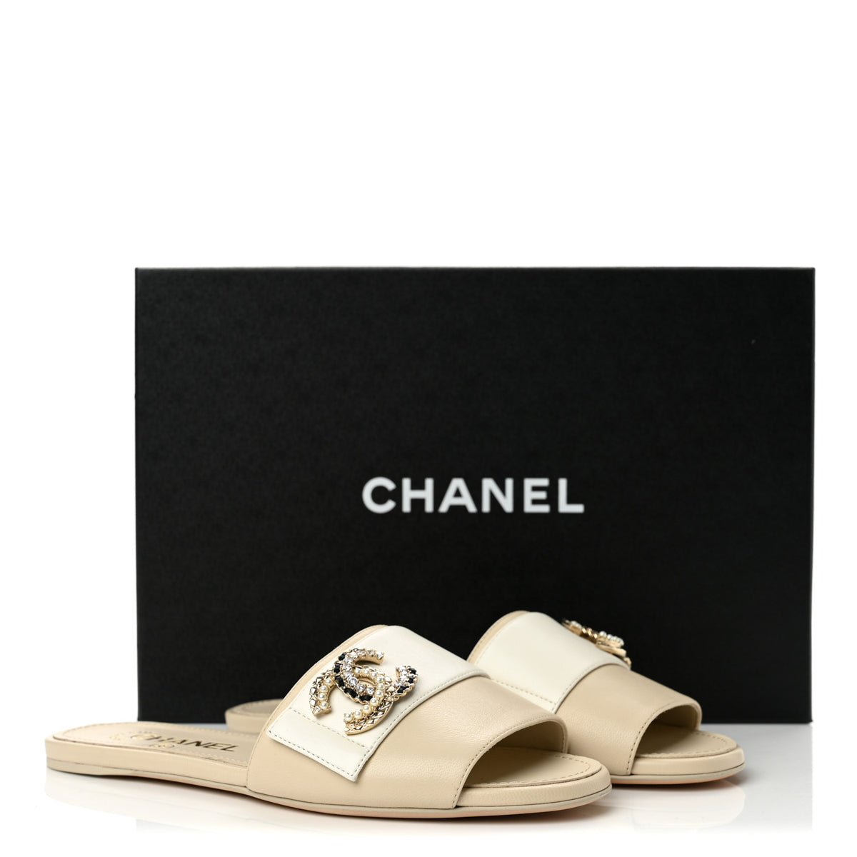 Lambskin Pearl Crystal CC Mules Sandals 36 Light Beige White