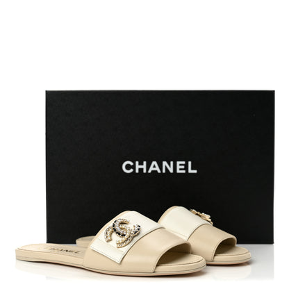 Chanel Lambskin Pearl Crystal CC Mules Sandals 36 Light Beige White 11 of 11
