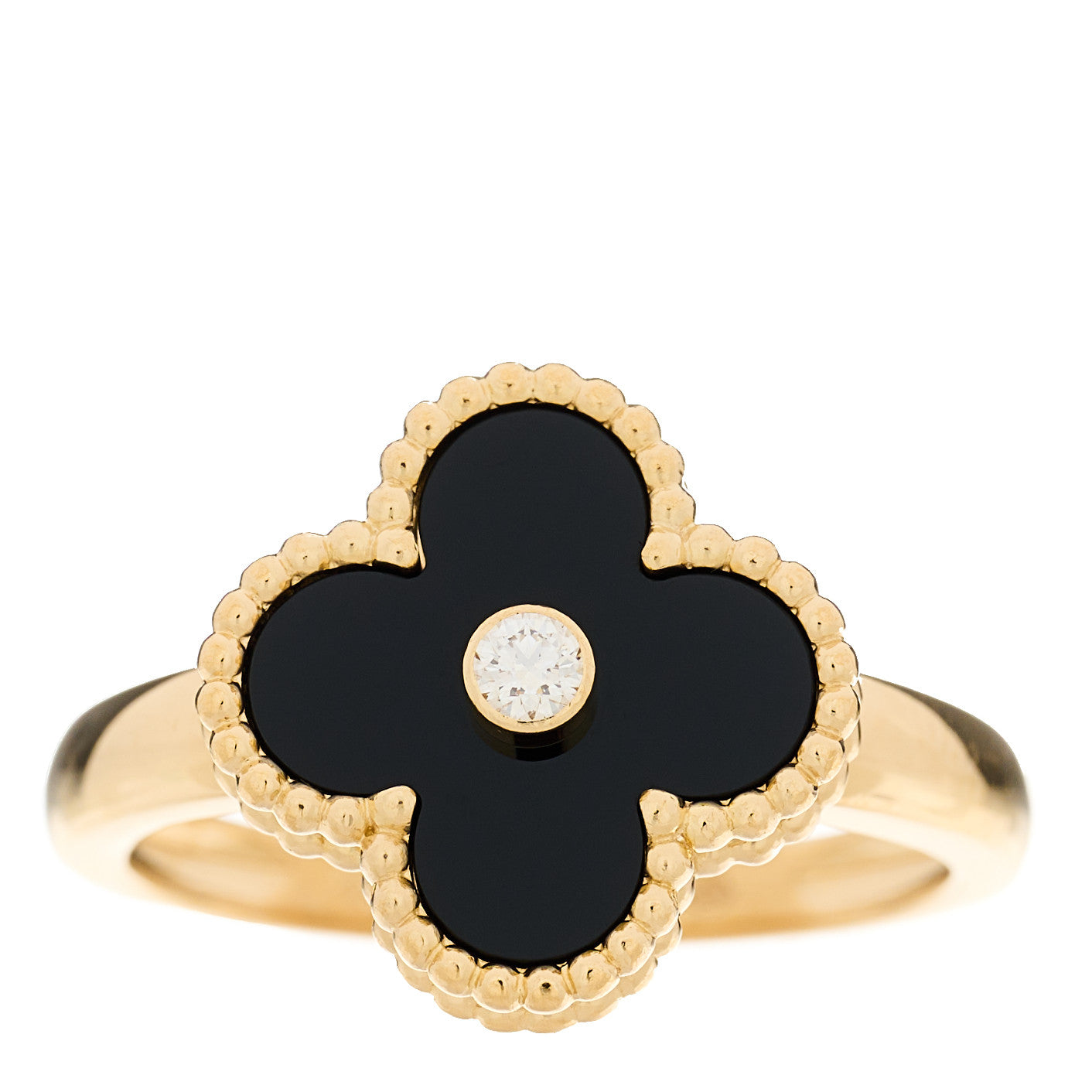 18K Yellow Gold Black Onyx Diamond Vintage Alhambra Ring 59 8.75