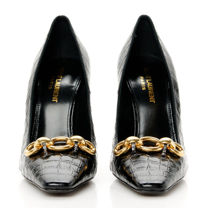 Saint Laurent Calfskin Crocodile Embossed Silvana 110mm Pumps 37 Black 3 of 10
