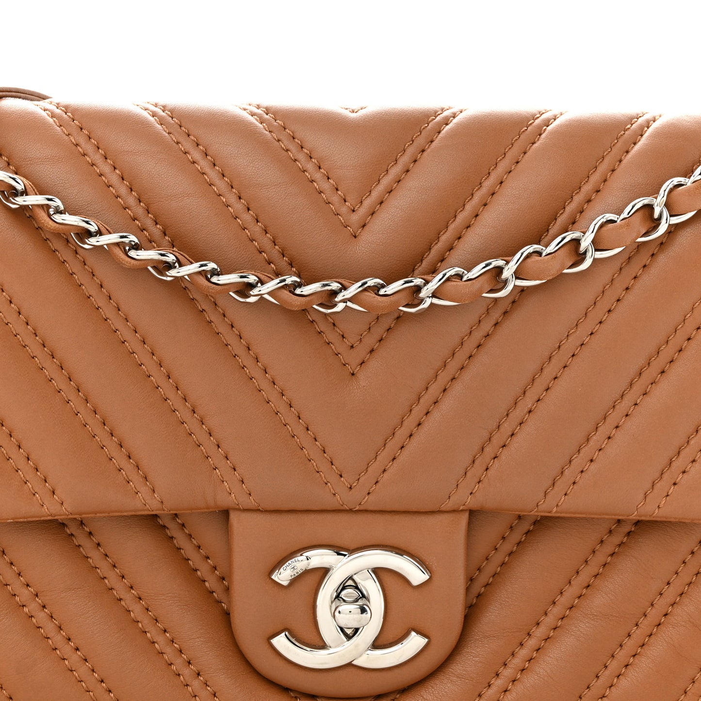 Lambskin Chevron Double Stitch Medium Single Flap Brown