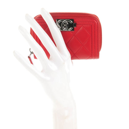 Chanel Lambskin Quilted Boy Zip Around Coin Purse Wallet Red 2 of 7