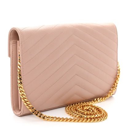 Saint Laurent Grain De Poudre Matelasse Chevron Monogram Chain Wallet Pale Blush 3 of 9