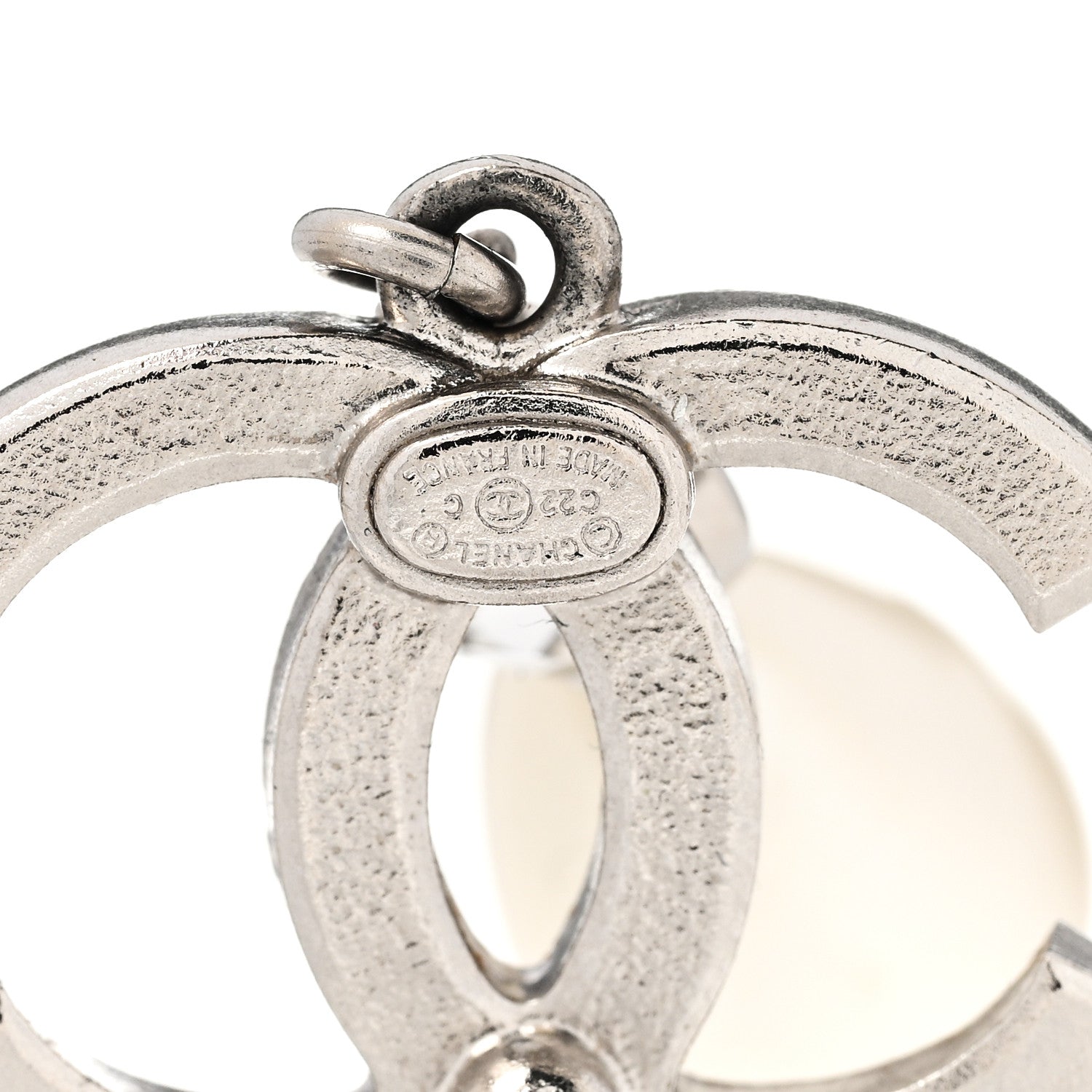 Chanel Pearl Crystal CC Drop Earrings Silver Pearly White 4 of 4