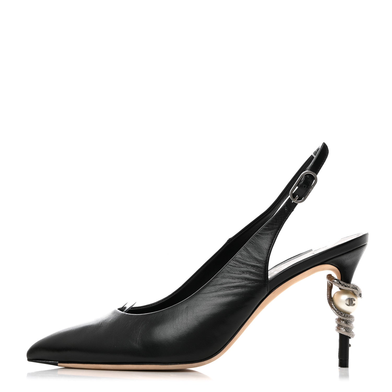 Chanel Lambskin Slingback Snake Pearl Heel 39.5 Black 1 of 10