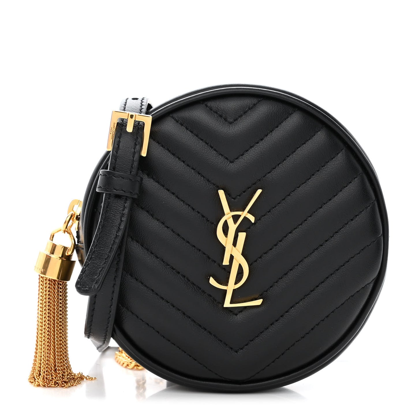 Calfskin Matelasse Chevron Quilted Baby Round Vinyle Belt Bag Black