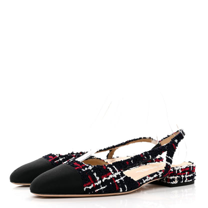 Chanel Tweed Grosgrain Cap Toe CC Slingback Flats 36.5 Navy Red White 3 of 10