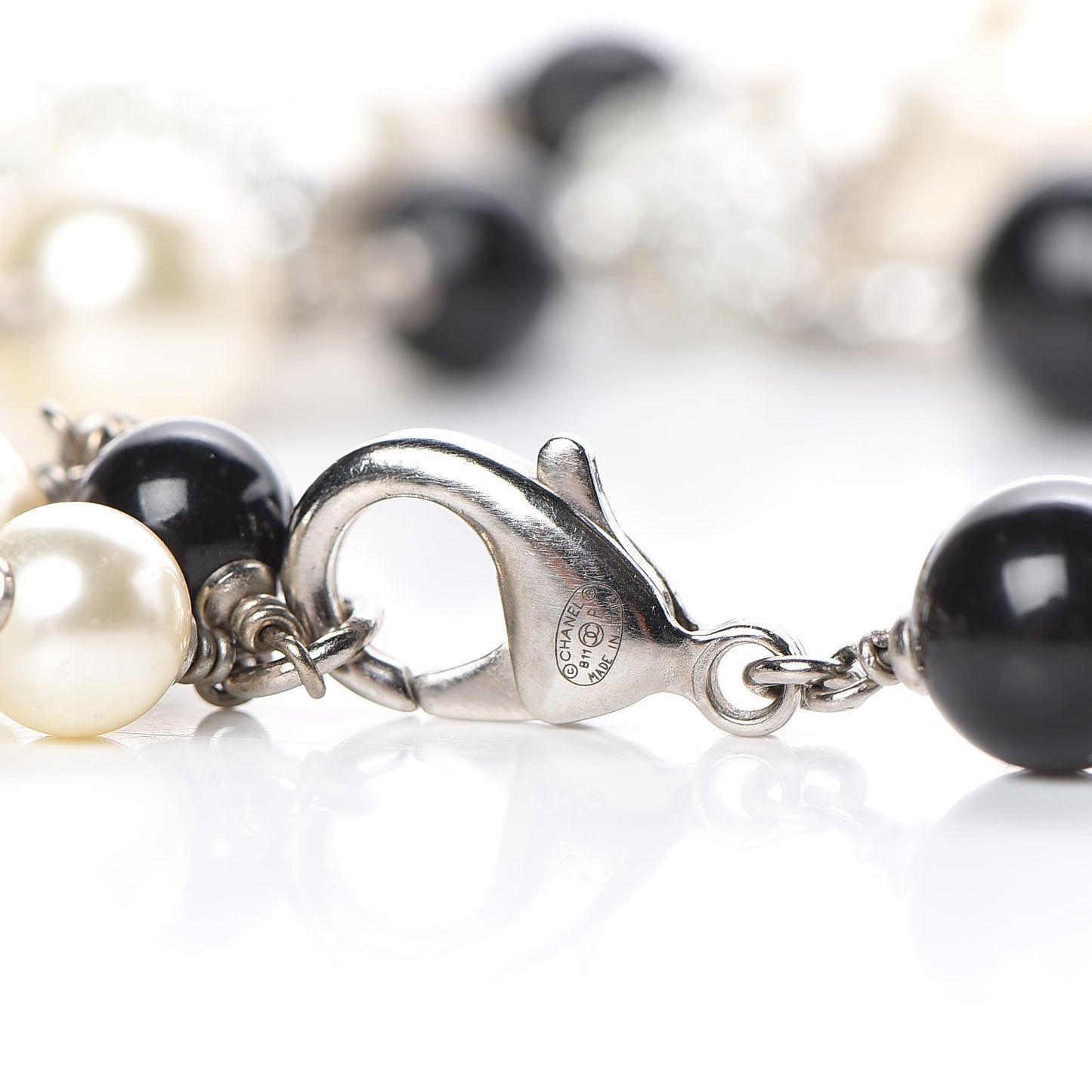 Pearl Crystal Bead CC Long Necklace Silver Black