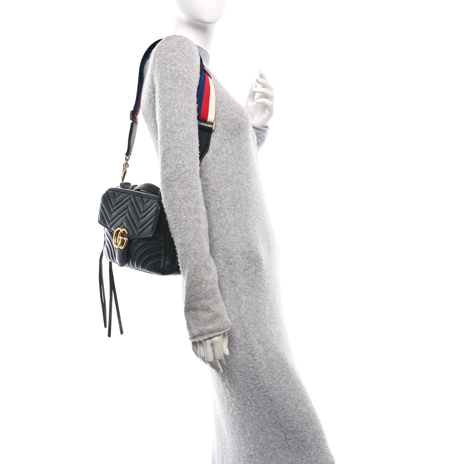 Gucci Calfskin Matelasse Sylvie Web Small GG Marmont Top Handle Shoulder Bag Black 2 of 11
