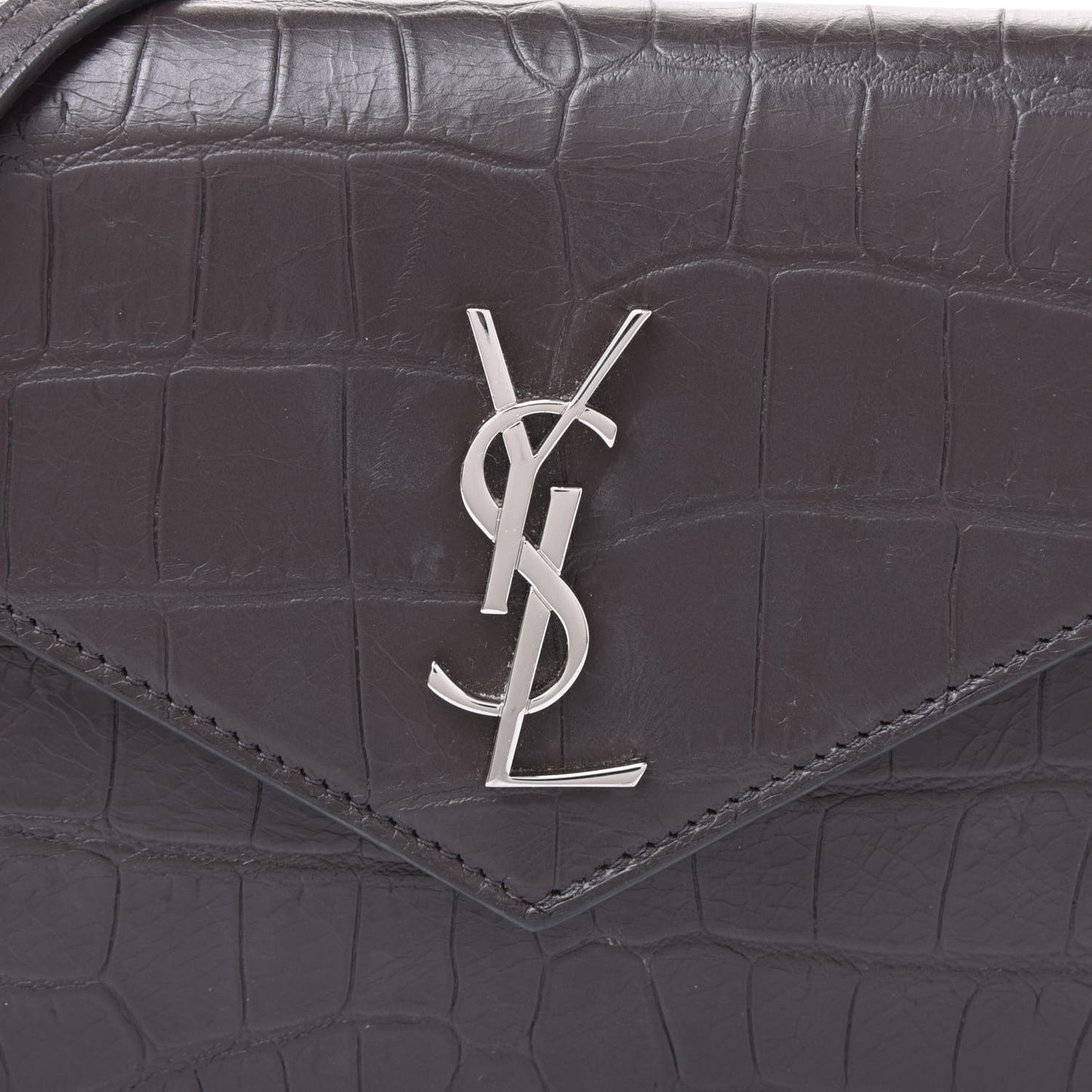 SAINT LAUREN Croc Embossed Monogram Envelope Chain Wallet Dark Anthracite