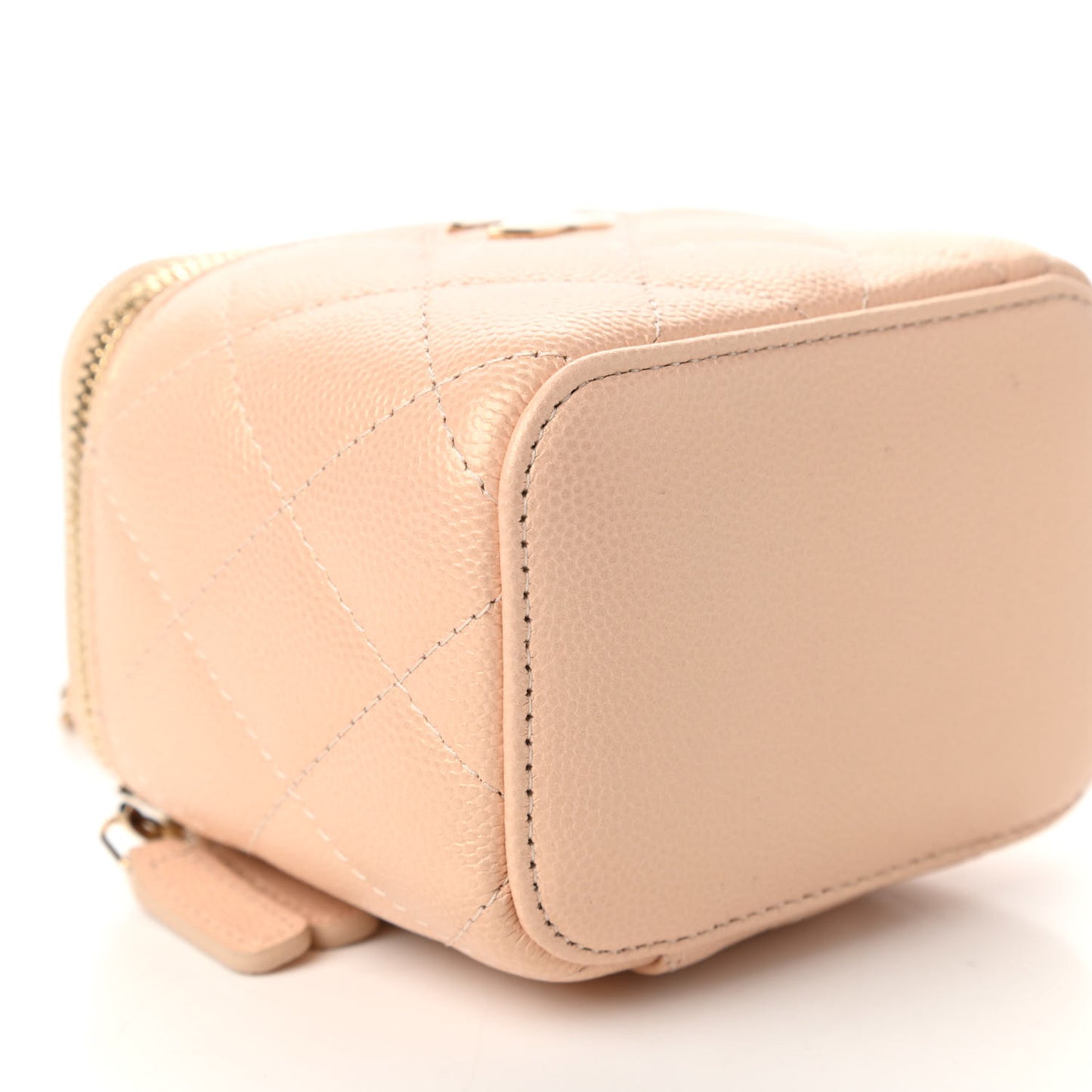 Iridescent Caviar Quilted Mini Pearl On Top Vanity Case With Chain Beige