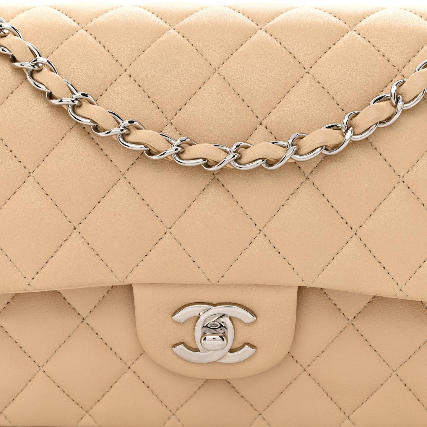 Lambskin Quilted Medium Double Flap Beige