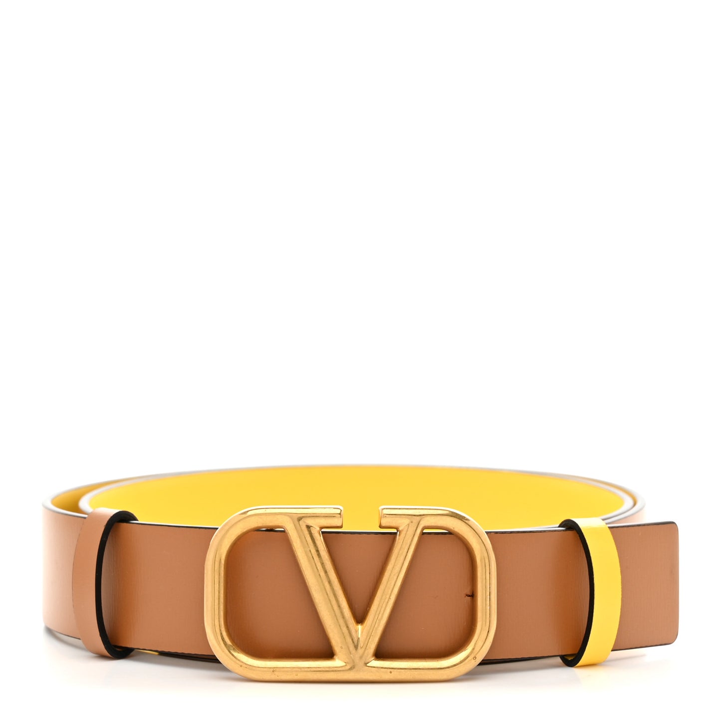 Glossy Calfskin 40mm VLogo Reversible Belt 85 34 Saddle Brown Yellow