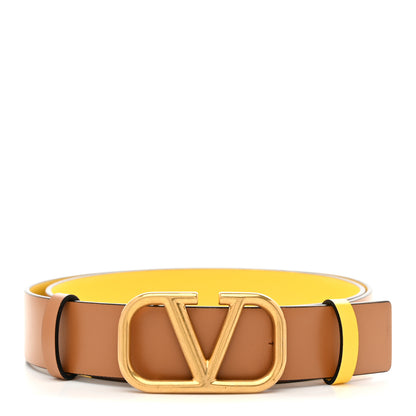 Valentino Garavani Glossy Calfskin 40mm VLogo Reversible Belt 85 34 Saddle Brown Yellow 1 of 6