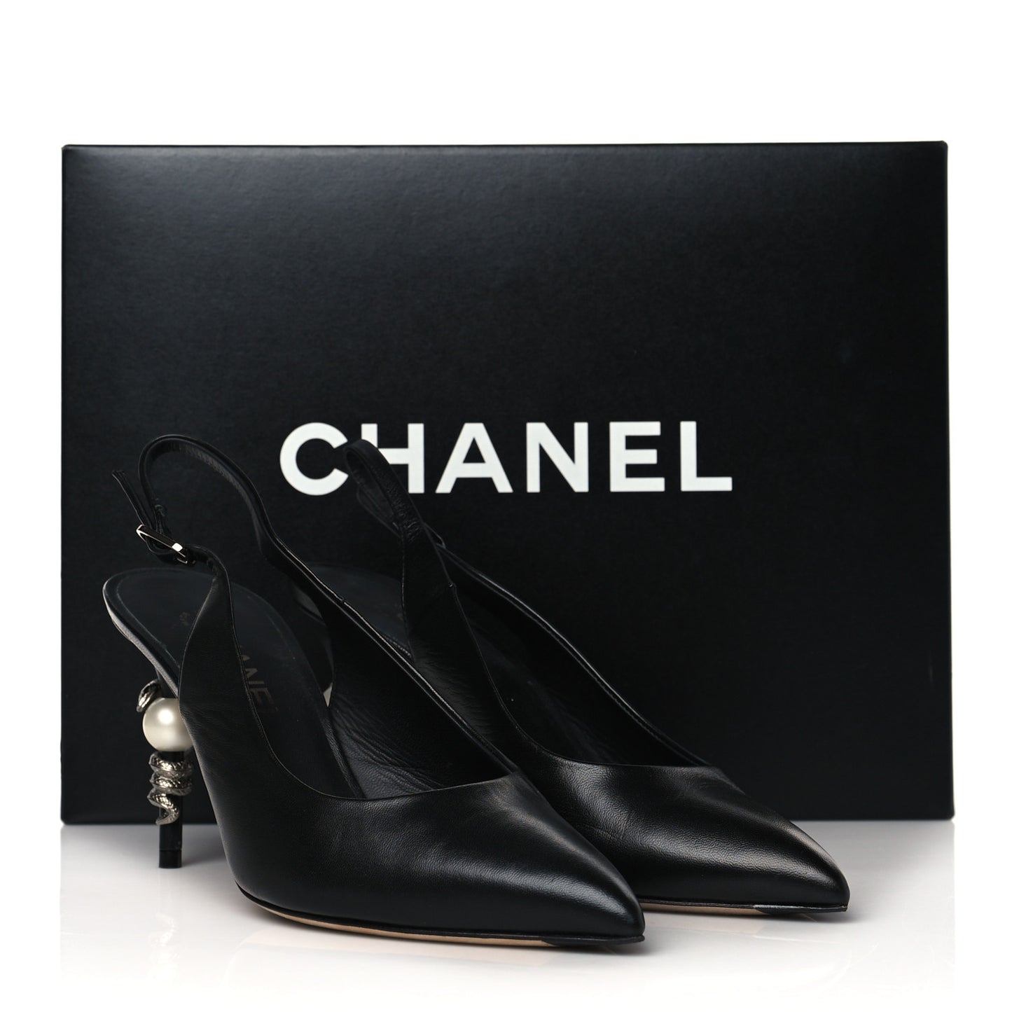 Lambskin Slingback Snake Pearl Heel 39.5 Black