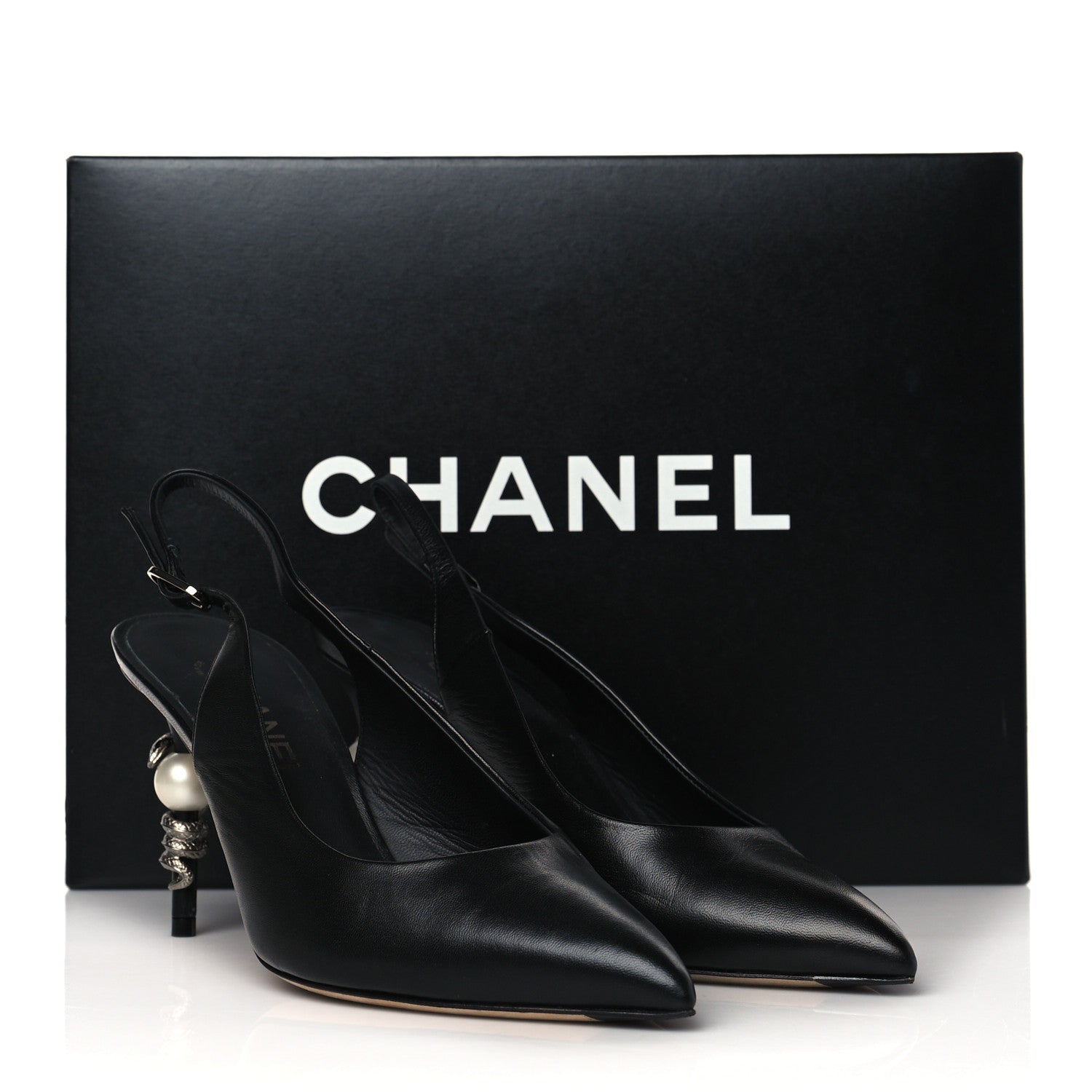 Chanel Lambskin Slingback Snake Pearl Heel 39.5 Black 10 of 10