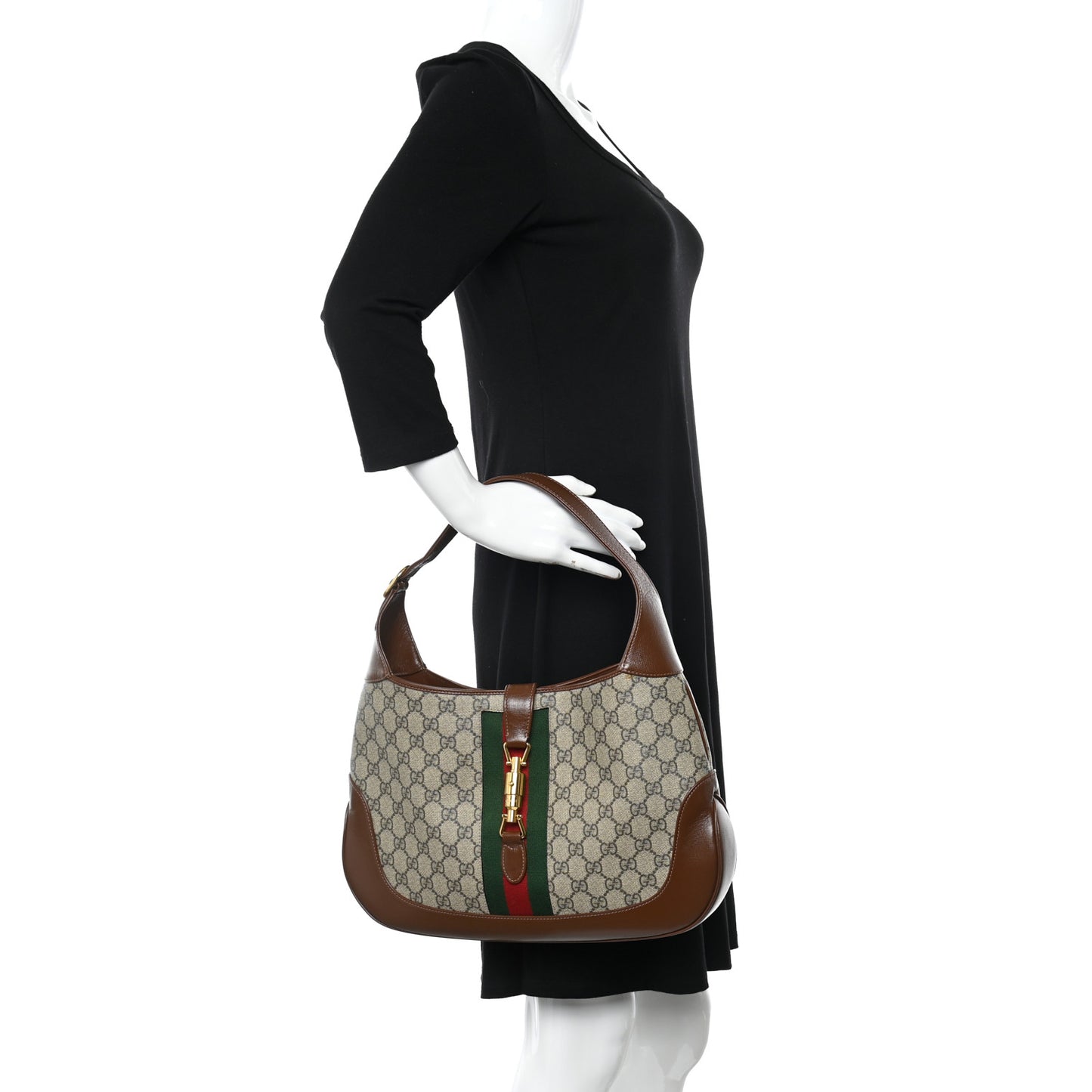 GG Supreme Monogram Azalea Calfskin Web Medium Jackie 1961 Hobo Beige Ebony Brown Sugar