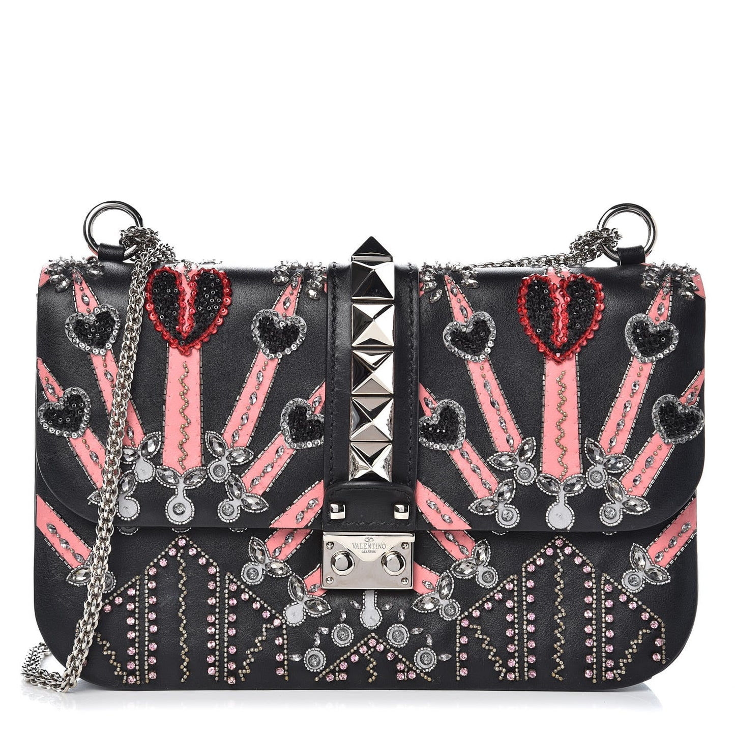 Vitello Crystal Loveblade Embellished Medium Glam Lock Rockstud Flap Black