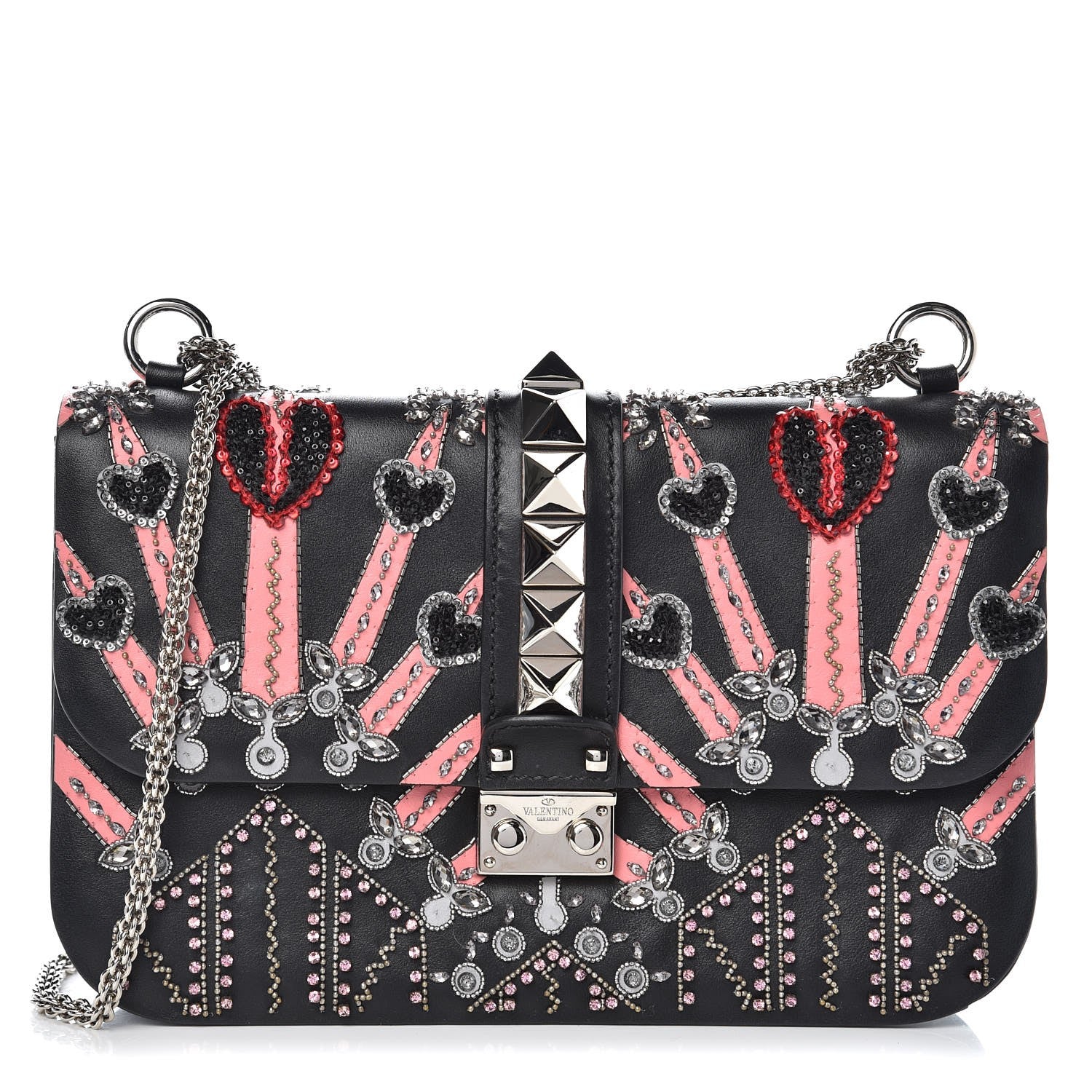 Valentino Garavani Vitello Crystal Loveblade Embellished Medium Glam Lock Rockstud Flap Black 1 of 12