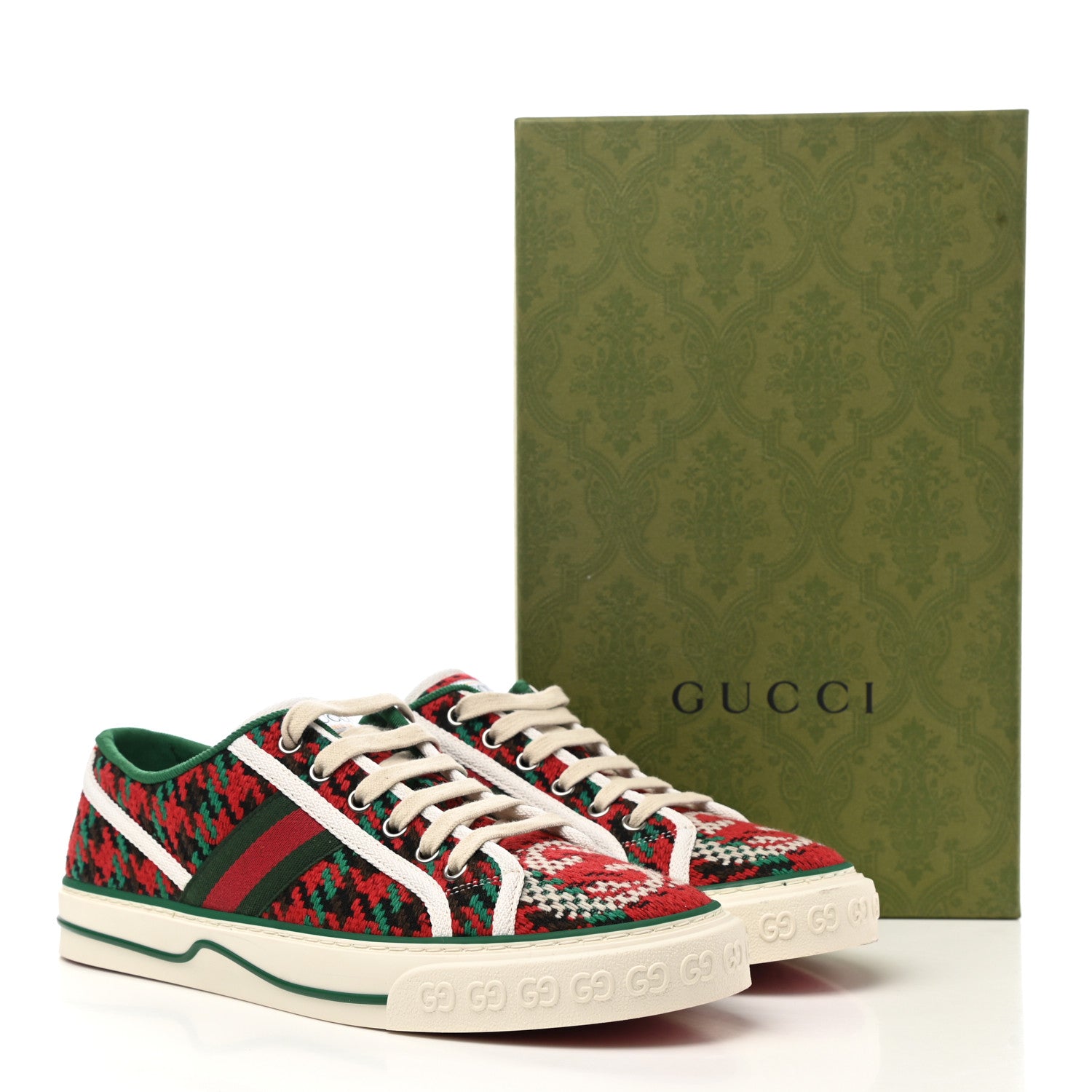 Gucci Cotton Wool Web Houndstooth Interlocking G Womens 1977 Tennis Sneakers 40 Red Green 9 of 9