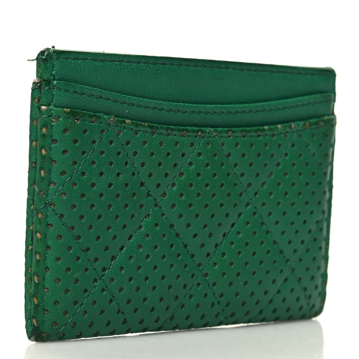 Perforated Lambskin Quilted Card Holder Green