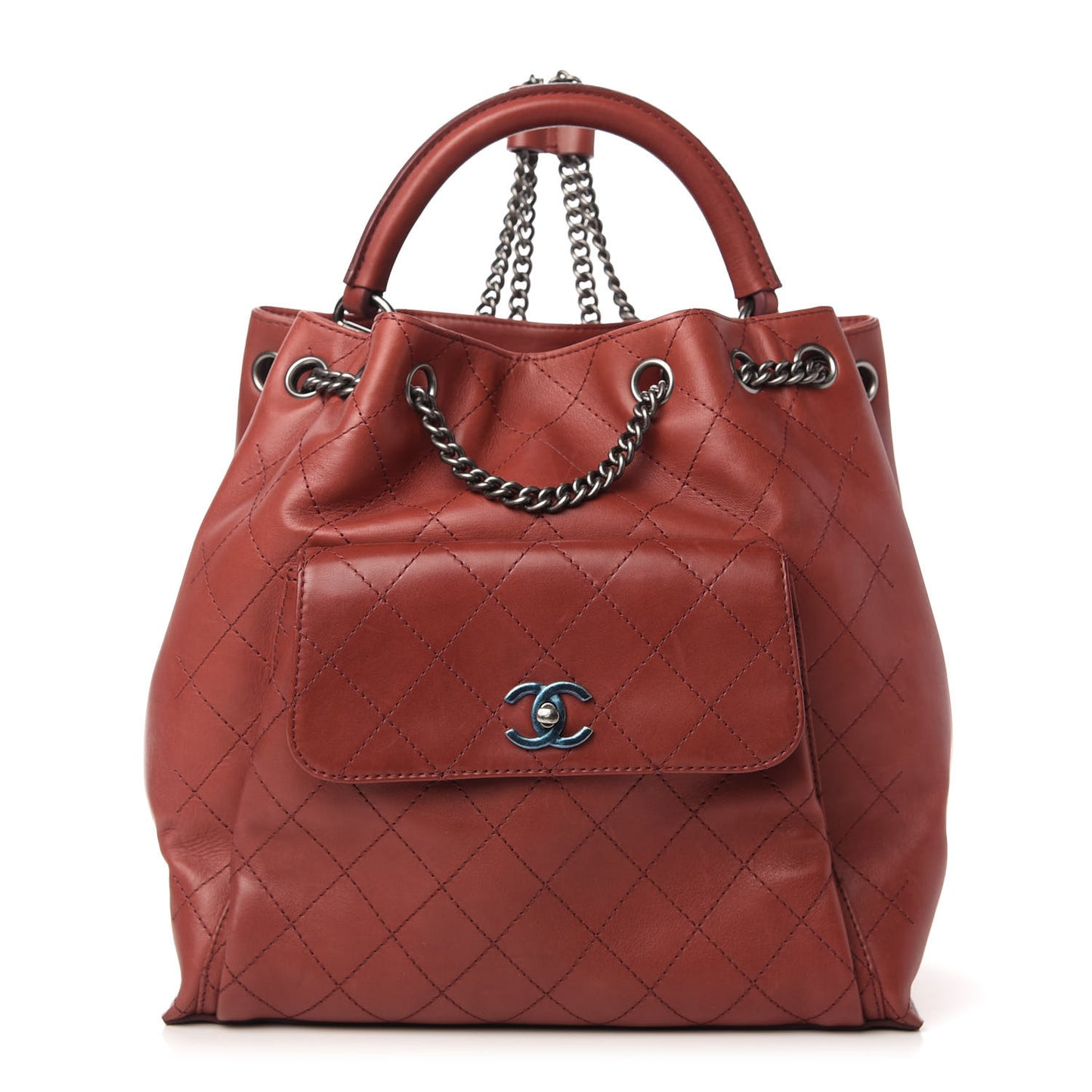 Calfskin Stitched Large Urban Luxury Drawstring Backpack Dark Red