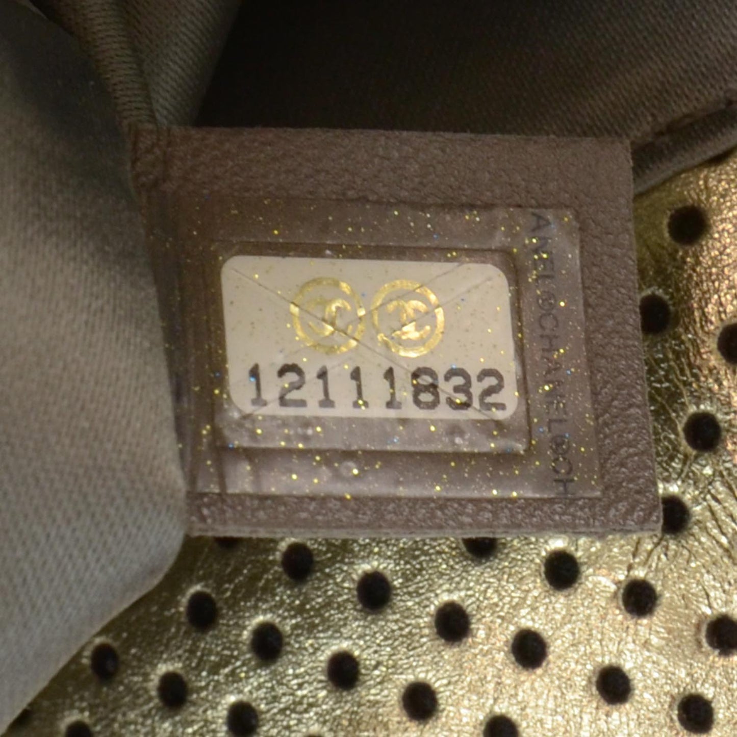 Metallic Crackled Calfskin Perforated Drill Shoulder Bag Gold