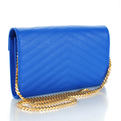 Saint Laurent Grain De Poudre Matelasse Chevron Monogram Chain Wallet Blue Majorelle 3 of 8