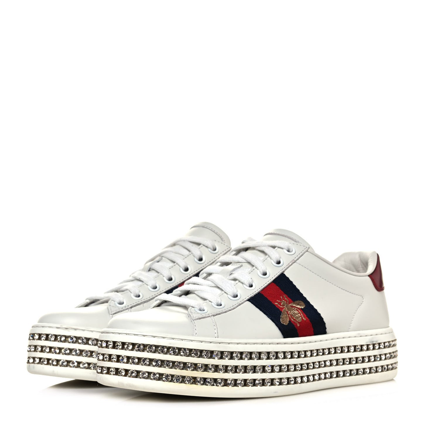 Calfskin Crystal Web Bee Embroidered Womens Ace Platform Sneakers 36 White