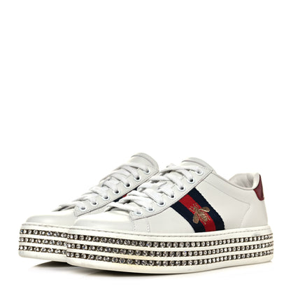 Gucci Calfskin Crystal Web Bee Embroidered Womens Ace Platform Sneakers 36 White 3 of 8