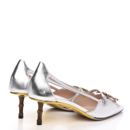 Gucci Metallic Nappa Bamboo Crystal Double G Low Heel Pumps 40 Argento 4 of 8