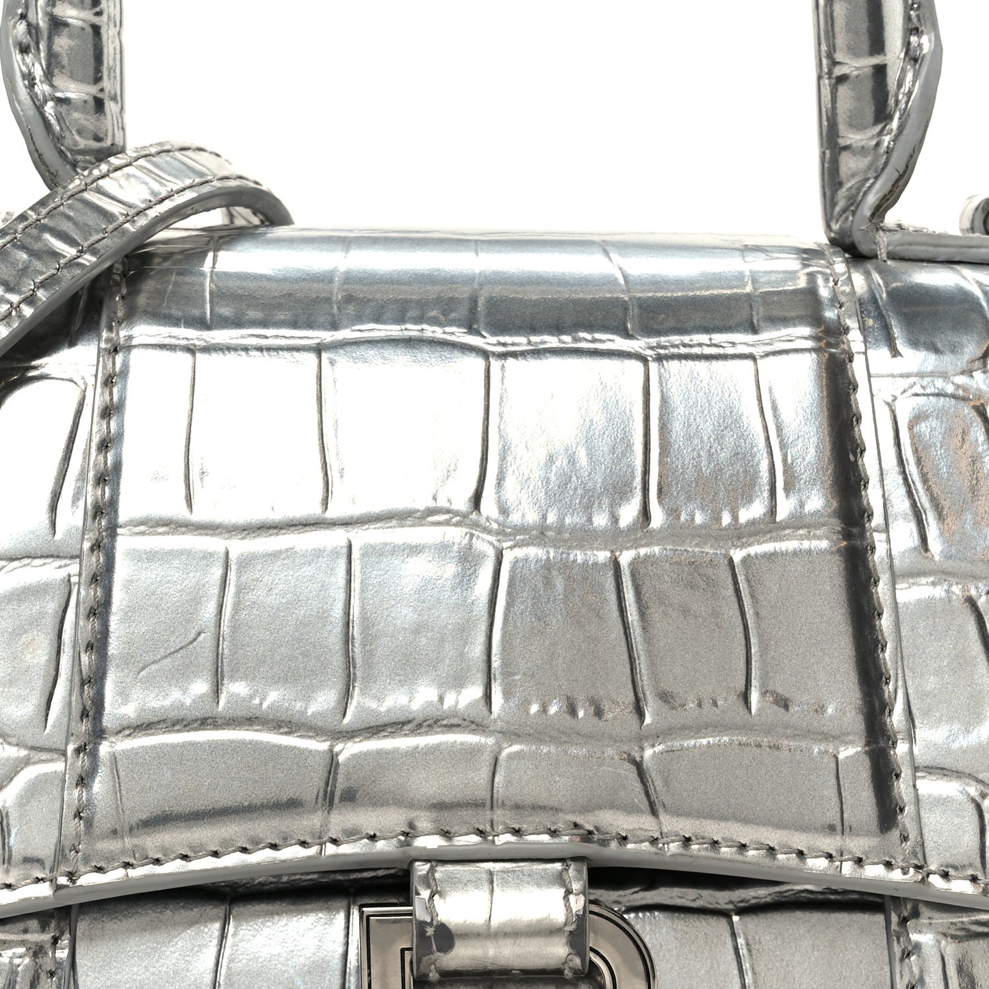 Metallic Calfskin Crocodile Embossed Hourglass Top Handle Bag XS Silver